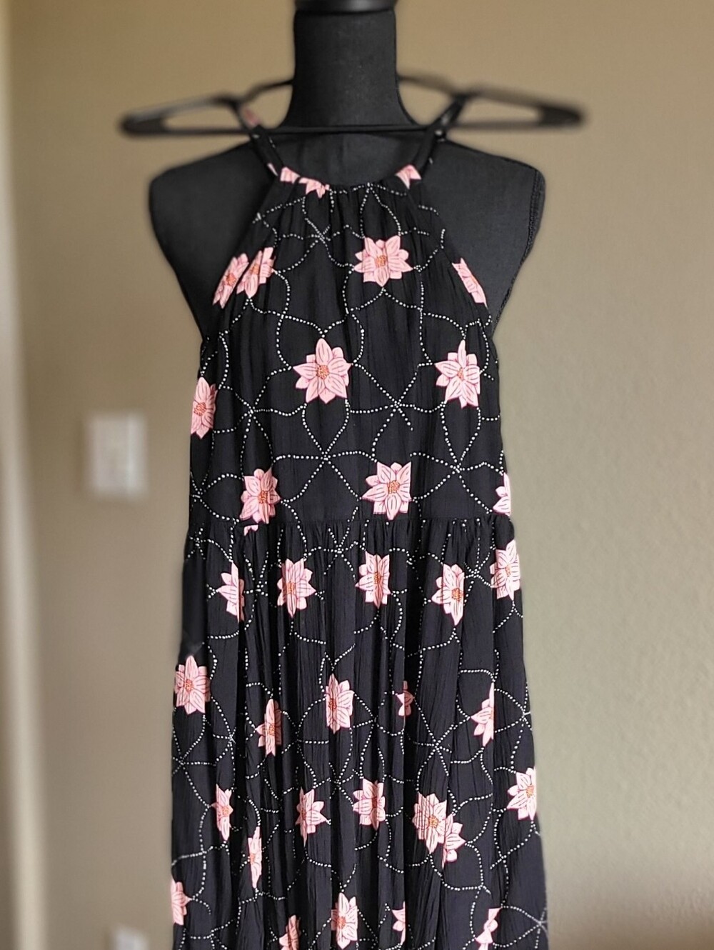 SO Halter Top Black Dress with Pink Floral and White Dot Lattice